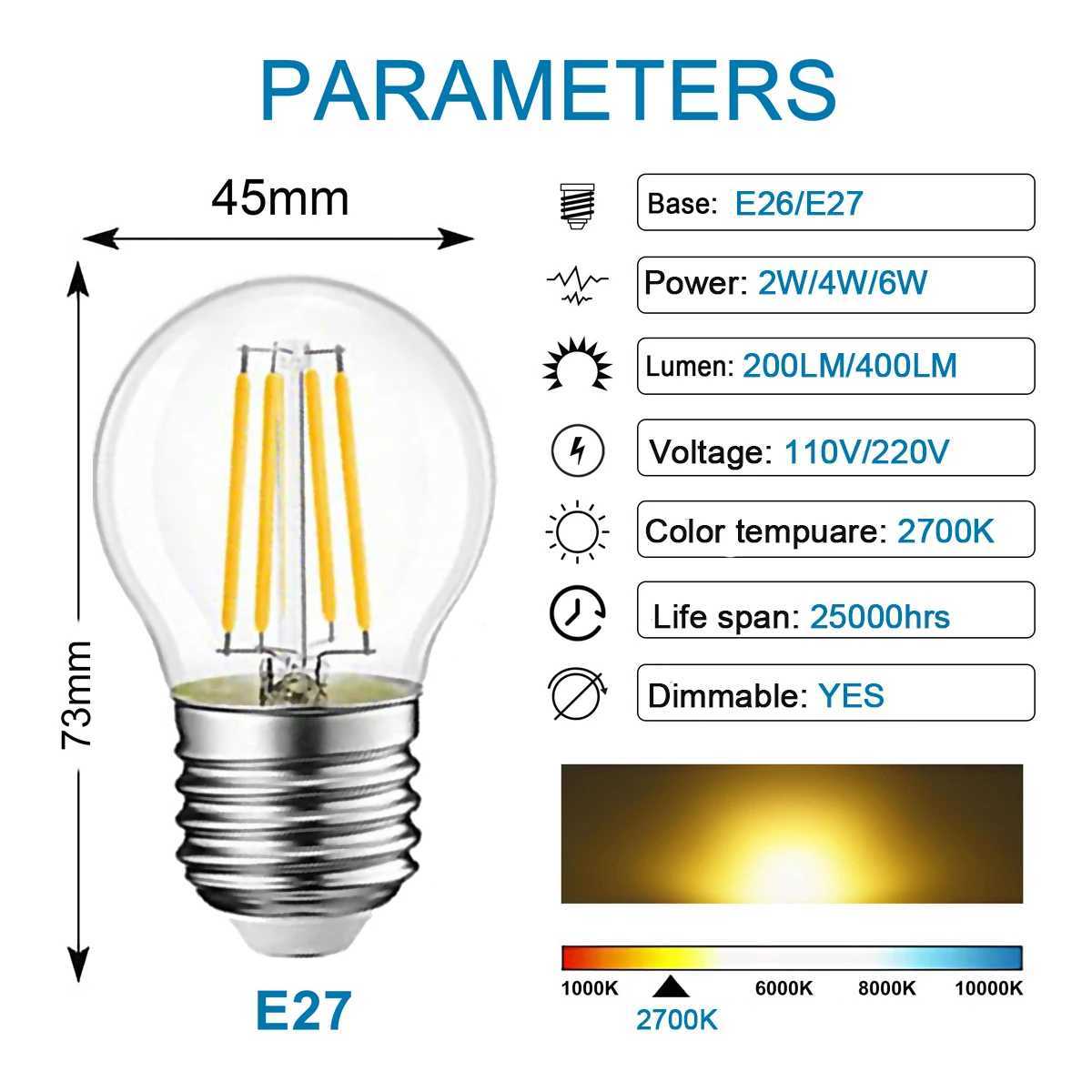 Retro Edison LED bulb G45 2W 4W 6W E27 2700K 6000K LED filament bulb 110V for garden chandelier decoration CL240826