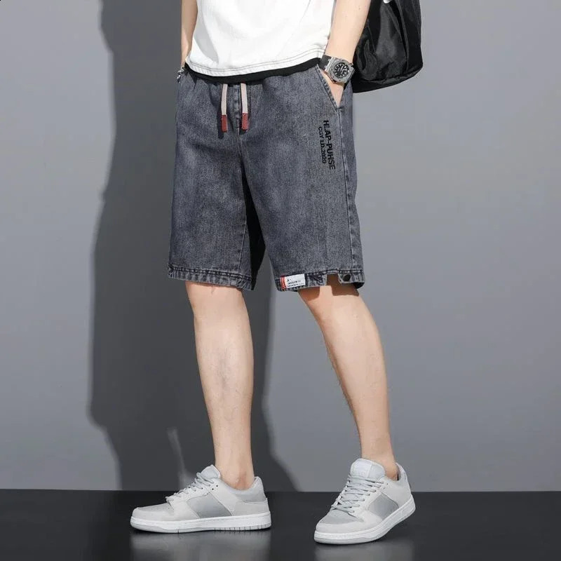 Male Denim Shorts Drawstring Graphic With Text Xl Mens Short Jeans Pants Trend 2024 Korean Style Cowboy Jorts Sale Cut 240824
