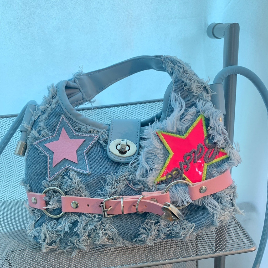 Y2K Millennium Sexy Girl Style Shoulder Bag In Pink Star & Punk Handbag, Ladies Street Fashionable Light Blue Destroyed Shoulder/Crossbody Bag, Trendy