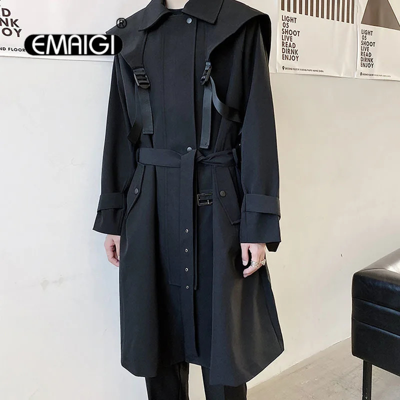 Men Functional Style Strap Casual Loose Trench Coat Male Japan Harajuku Streetwear Long Trench Jacket Windbreaker Outerwear 240826
