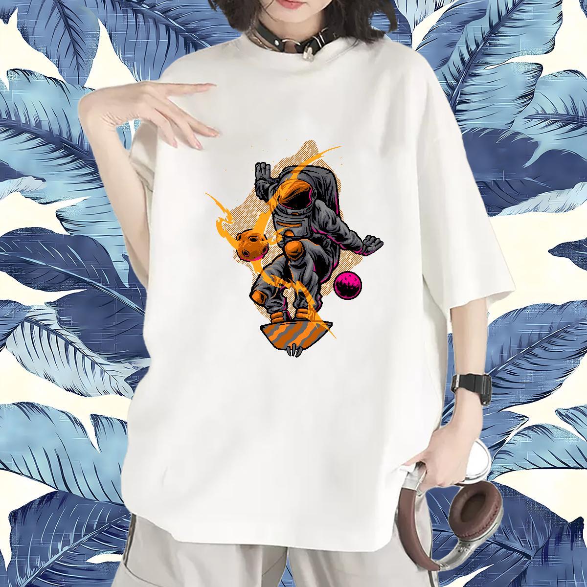 5A Couples T Shirts 100% Cotton 230g spaceman Casual Daily Wear T Shirts Women Breathable Short Sleeve Anime Print Tee Shirt