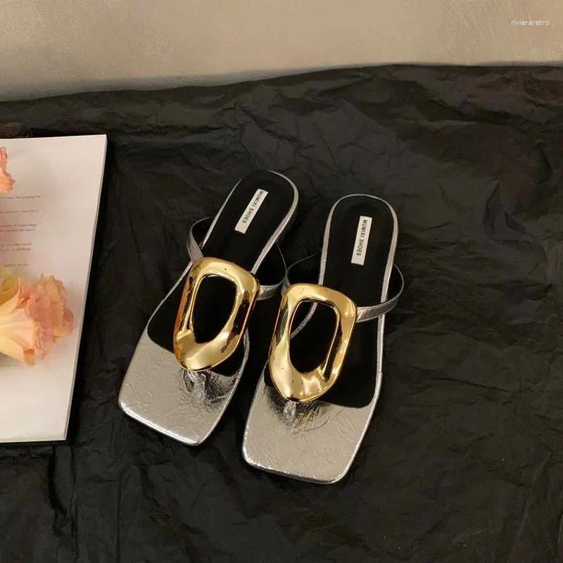 Sandals Golden Buckle Heeled Flip ps Woman Summer Elegant Square Toe Thong New Slipper Ladies Brand Design Evening Party Shoes ashoesfactory