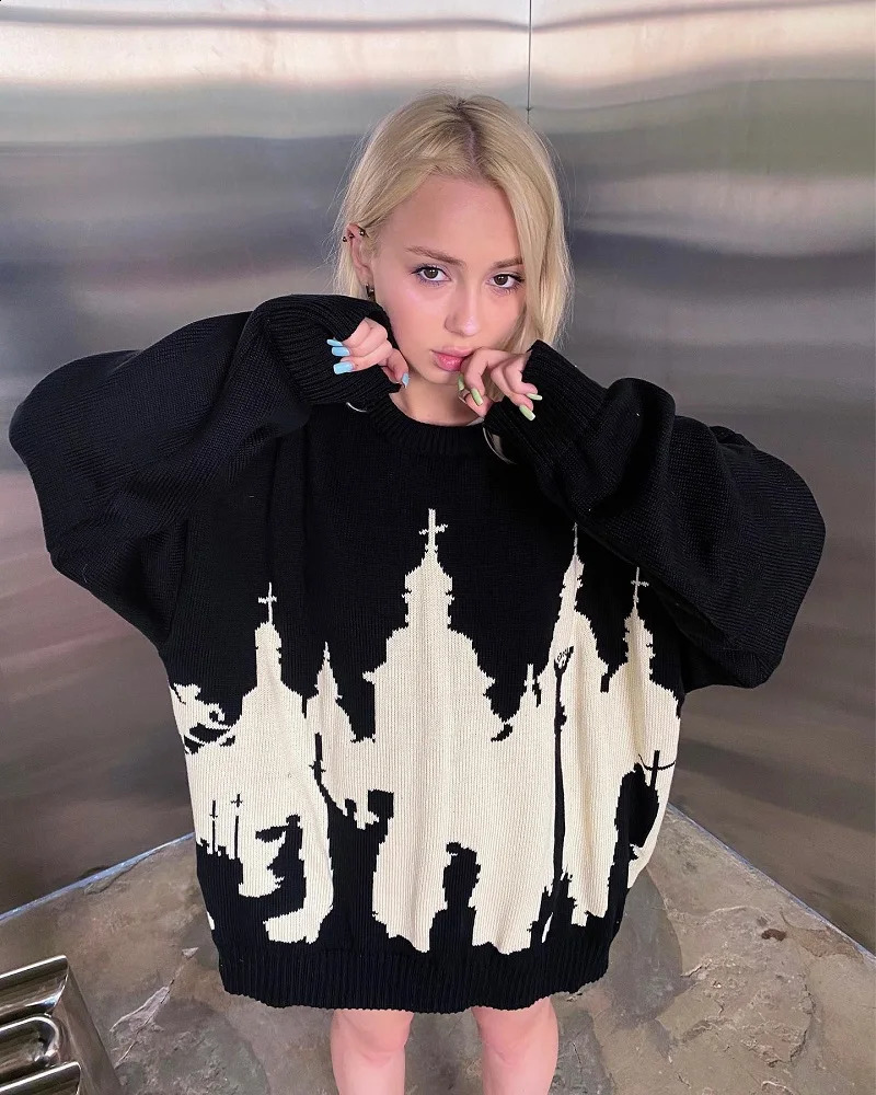 Hip hop mens womens retro Harajuku knitted sweater winter latte loose y2k Gothic Halloween EMO w240826
