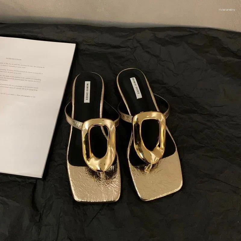 Sandals Golden Buckle Heeled Flip ps Woman Summer Elegant Square Toe Thong New Slipper Ladies Brand Design Evening Party Shoes ashoesfactory