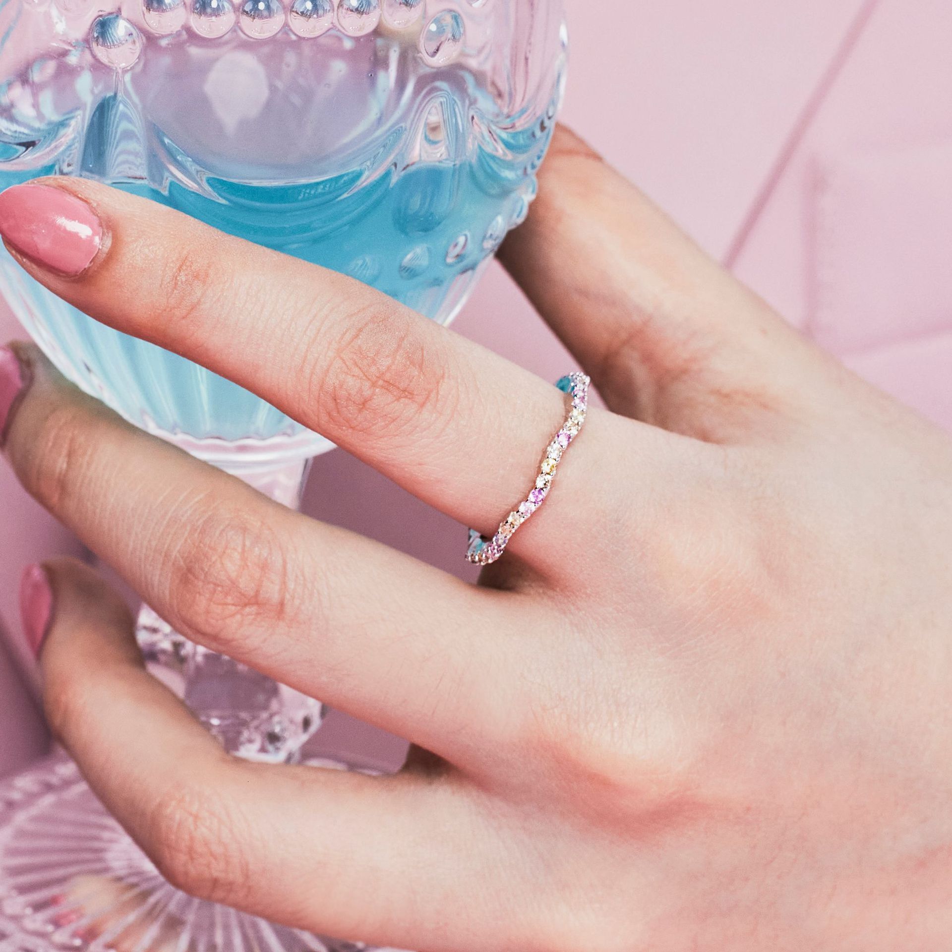S sterg sier with colorful zircon inlay, fashionable and versatile temperament, slim ring, closed mouth ring