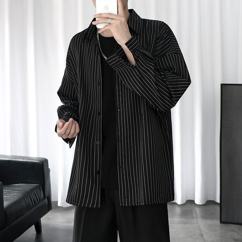 Striped Long Sleeved Shirt Jacket for Men in Spring and Autumn Trendy Styleins Casual Clothes Korean Version Trendy Mens Black Shirt