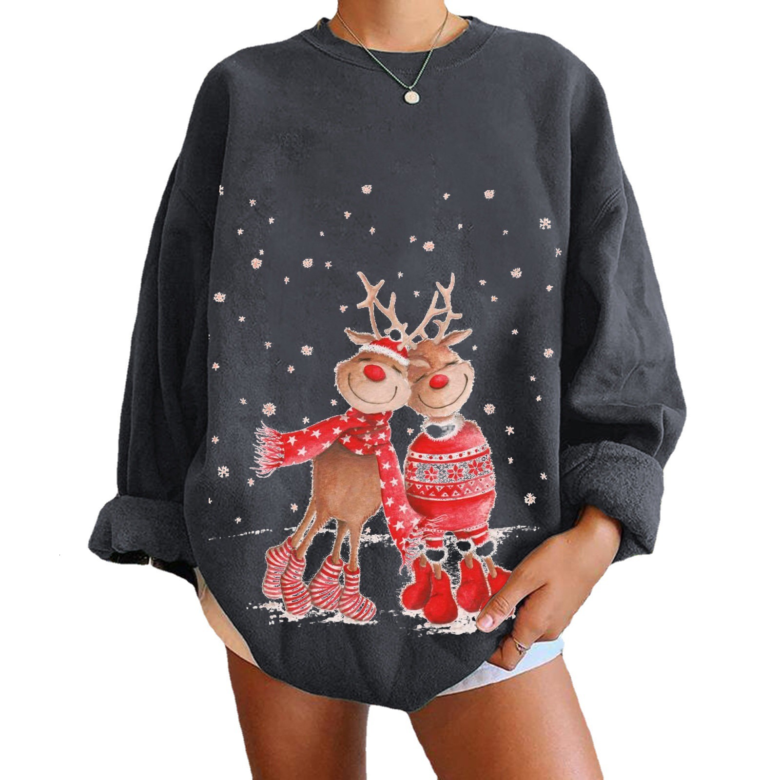 cute reindeer hoodies with printed women's shoulder down, plus size round neck fleece hoodie for women dongdumaoyi