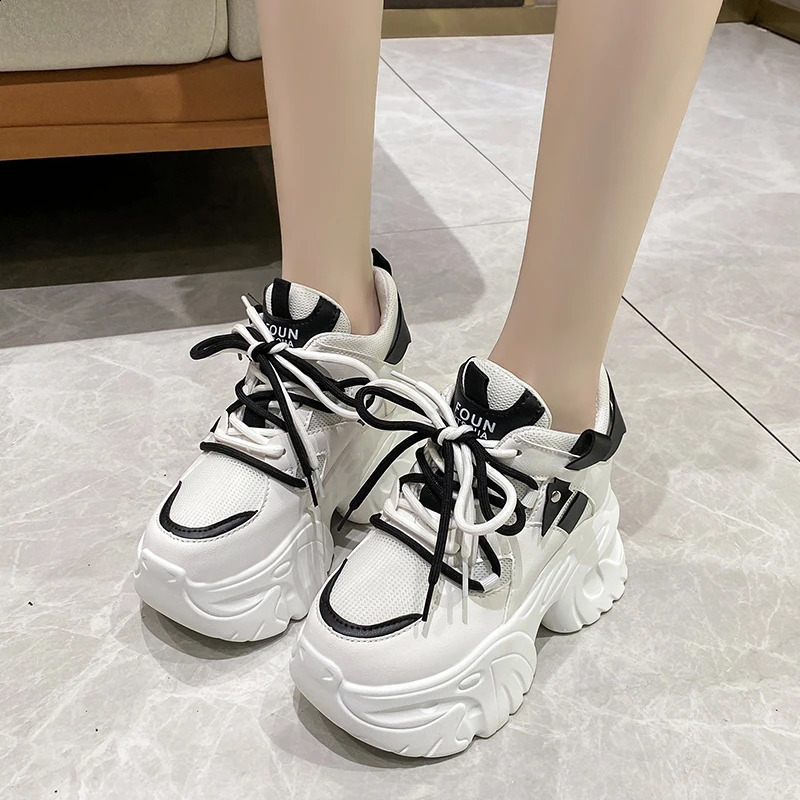 105CM Women Platform Sneakers Lace-up Autumn Sports Dad Shoes High Top Chunky Casual Woman Thick Bottom Mesh White 260415