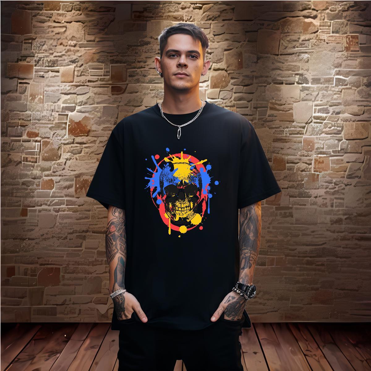 Unisex Mens T Shirts 230g Pure Cotton skull Sport Plus Size Custom Round Neck Short Sleeve Men Tshirts 2024 Summer Clothings