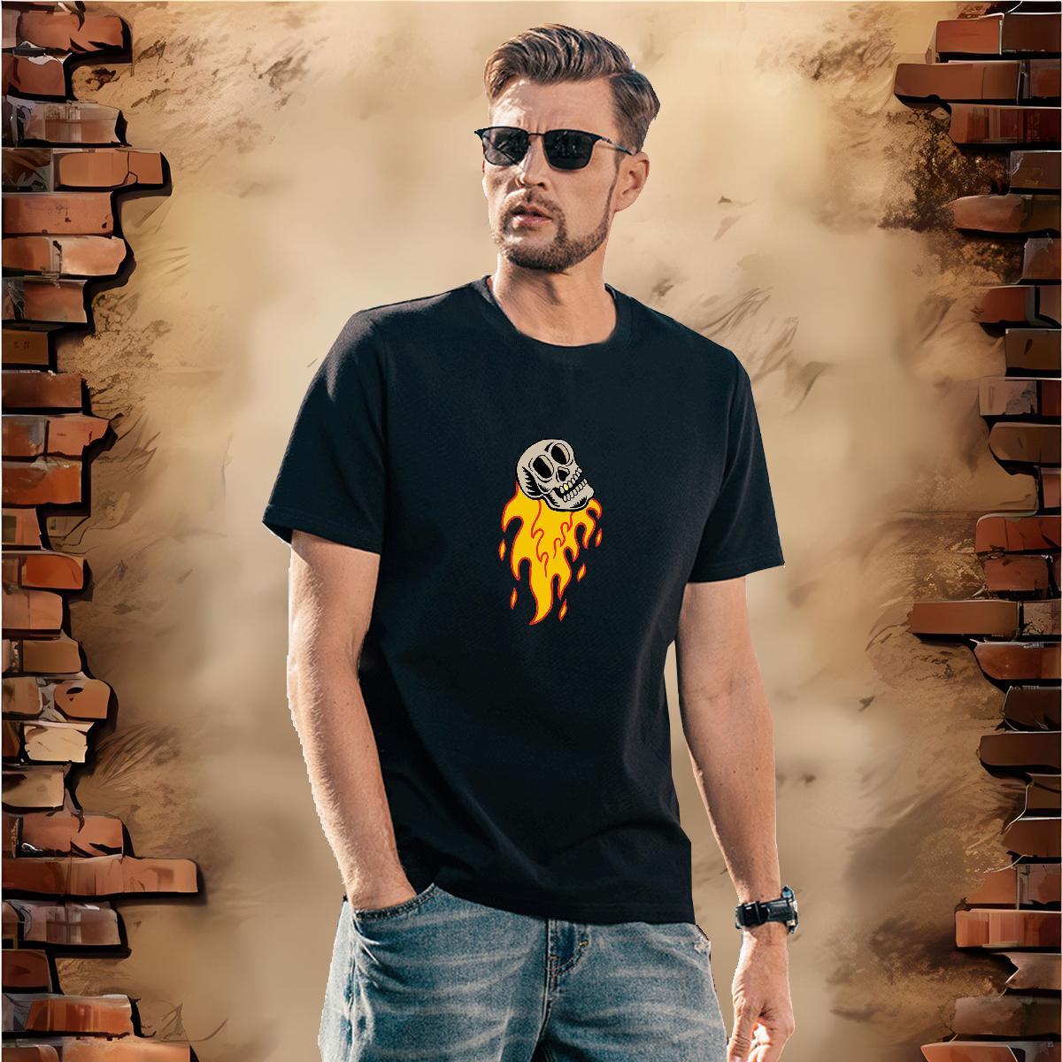 Unisex T-Shirts for Men 230g Pure Cotton skull Casual Daily Wear Plus Size Cartoon Breathable Crew Neck Men Clothes T-Shirt Classic Casual Tops Shirt