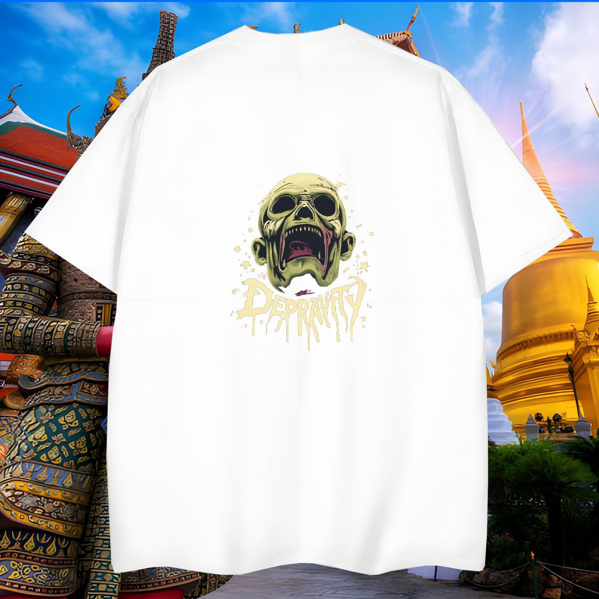 Loose Men T Shirts 230g 100% Cotton skull Beach Cartoon Print Short Sleeve O-Neck Men Tops Tees Brand Top Tees