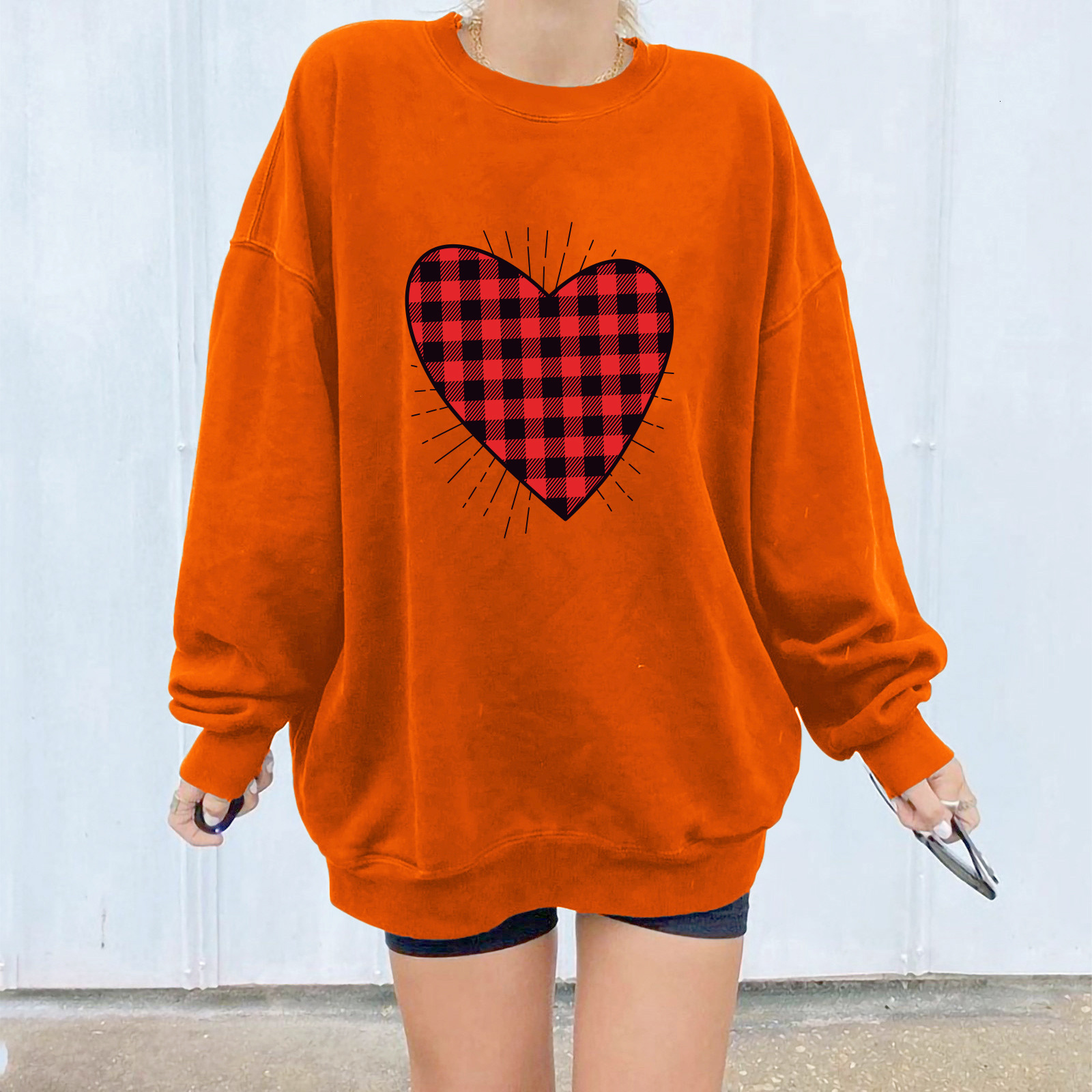 Christmas trend shoulder down with red and black checkered heart-shaped line printed casual style jacket hoodie dongdumaoyi