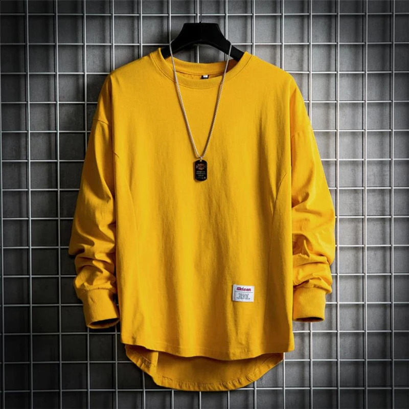 Mens Harajuku autumn fashion streetwear oversized long sleeved T-shirt solid and comfortable O-neck loose T-shirt mens Pulleys 240826