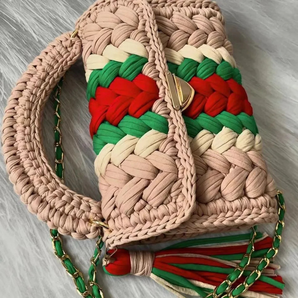 3 Womens Purses Fabric Woven Summer Bright Color Splicing Chain Tassel Pure Handmade Crochet Bag er Handbag 240826 4