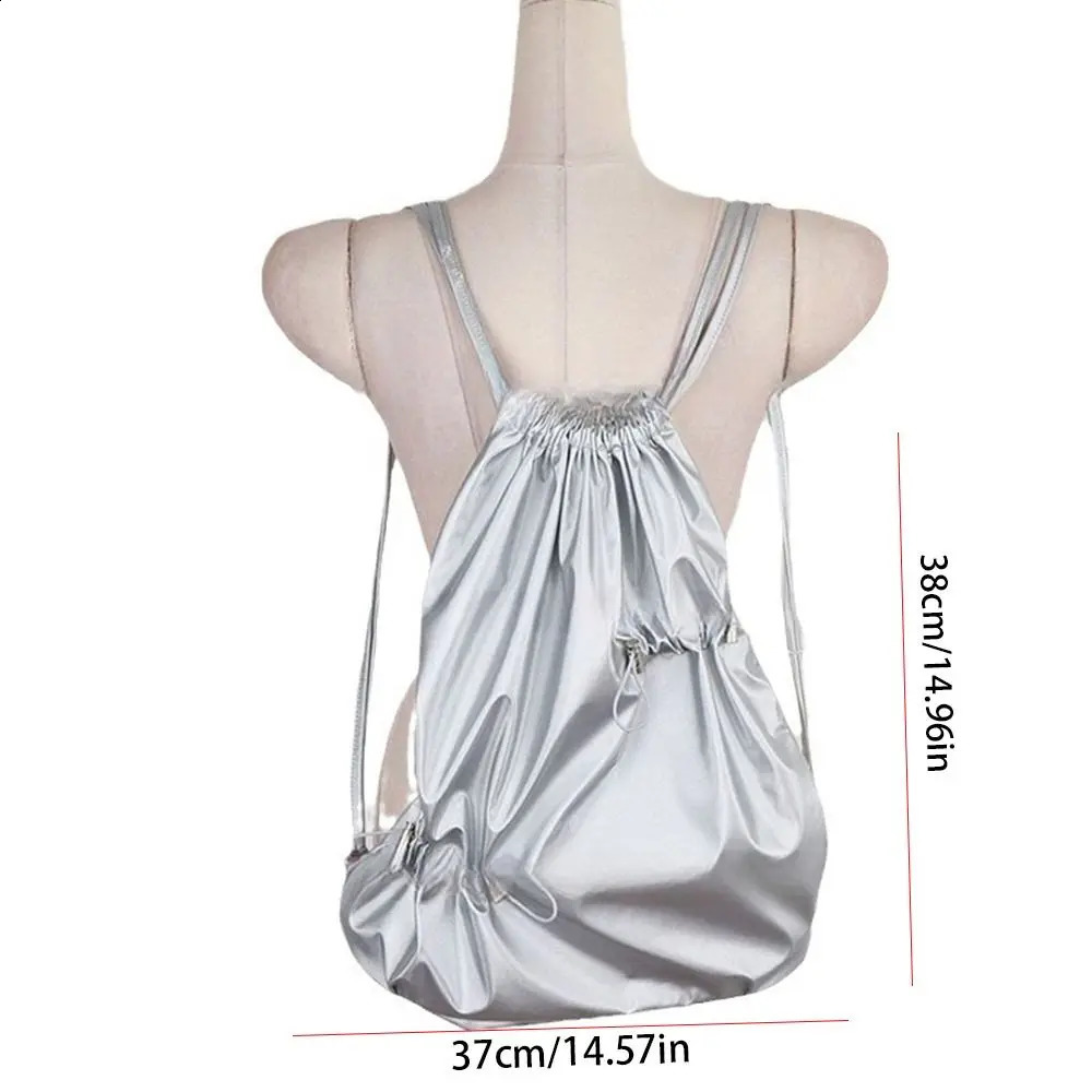 Leisure Korean drawstring backpack business folding nylon Ruched backpack niche book bag silver shoulder bag outdoor 240912