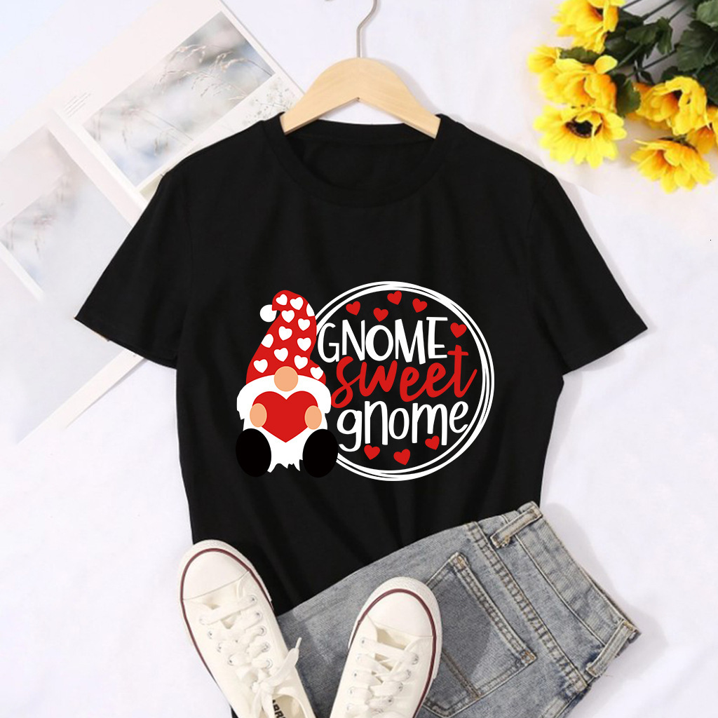 Valentine's Day SWEET GNOME Pattern Printed Loose Headset Short Sleeve Women's T-shirt dongdumaoyi