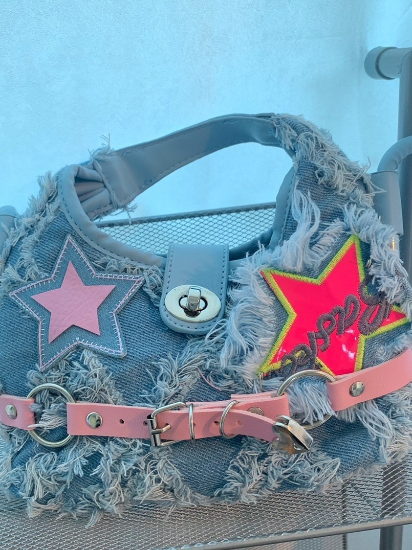 Y2K Millennium Sexy Girl Style Shoulder Bag In Pink Star & Punk Handbag, Ladies Street Fashionable Light Blue Destroyed Shoulder/Crossbody Bag, Trendy