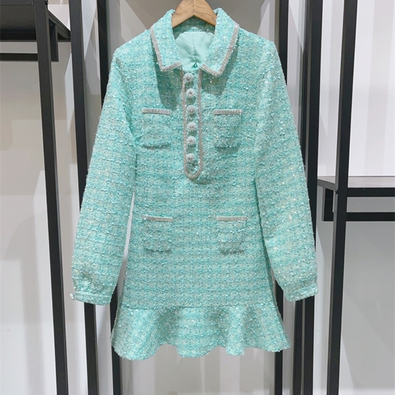 Women Mini Dress Tweed Diamond Sequin Ruffle Single Breasted Sweet Long Sleeve Robe 240824