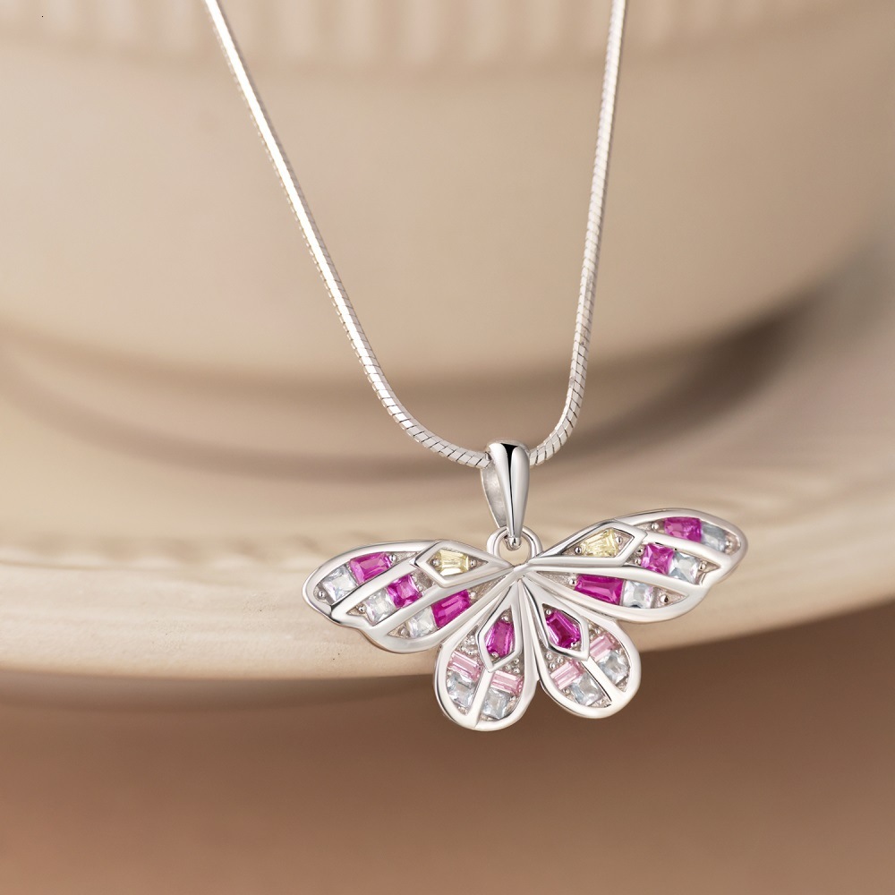Japanese and Korean New S Pure Sier Necklace Butterfly Wings Inlaid with Colorful Zircon Design for Women's Item