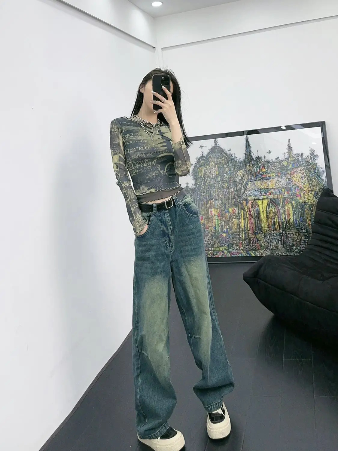 American retro graffiti printed mesh womens long sleeved T-shirt spicy slim fit elastic bottom shirt womens top 240826
