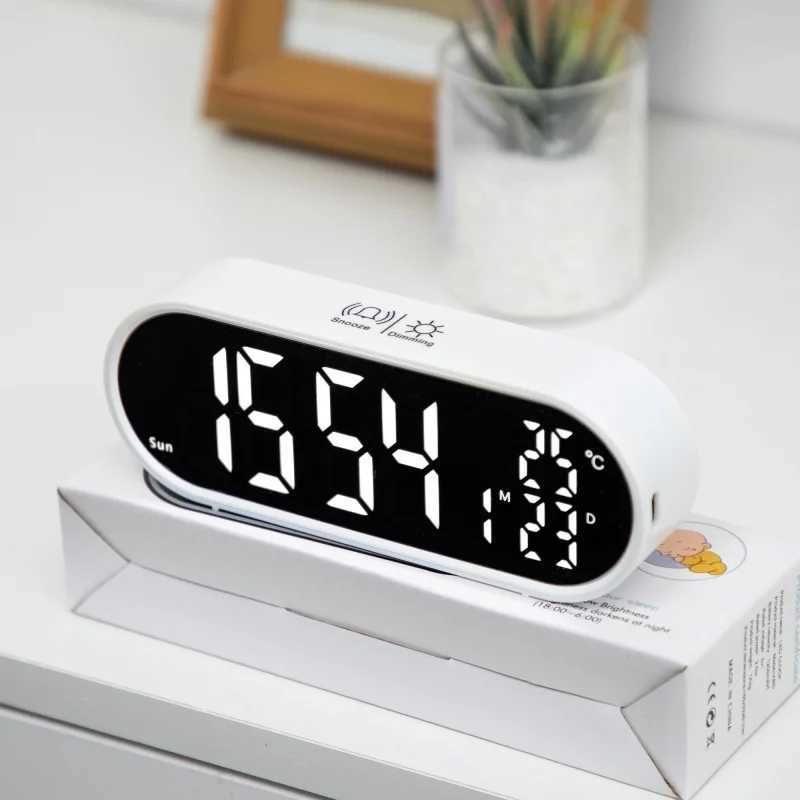 Rechargeable Digital Alarm Clock TEMP Date Week 2 Alarms Night Mode Snooze 12/24H Anti-disturb Voice Control LED Mirror ClockXJ240824