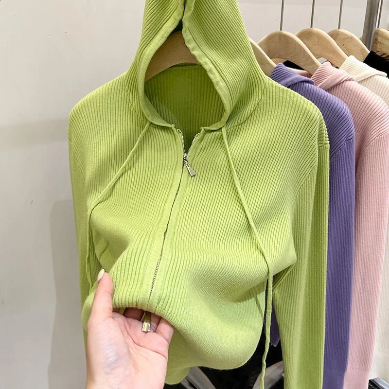 Spring and Autumn Korean Minimalist Casual Sweater Cardigan Long Sleeve Hooded Solid Color Zipper Womens Coat Top 240824