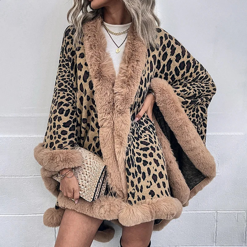 Winter Thick Warm Poncho Fur Collar Cape Coat Women Vintage Leopard Sweater Cardigan Female Batwing Sleeve Shawl 240824