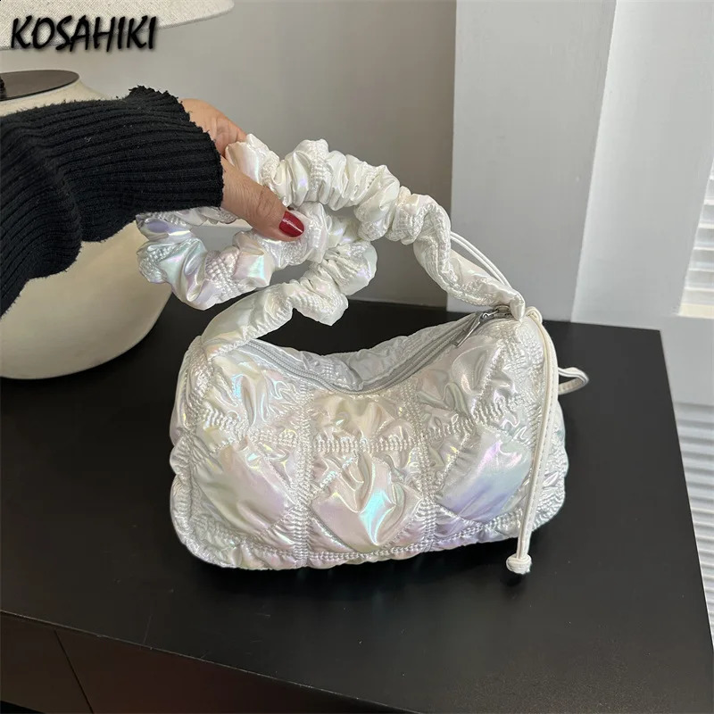 Korean Sweet Pleated Glossy Shoulder Bags Women Y2k Trendy Fashion Handbags Ladies Casual Crossbody Underarm Bag 240824
