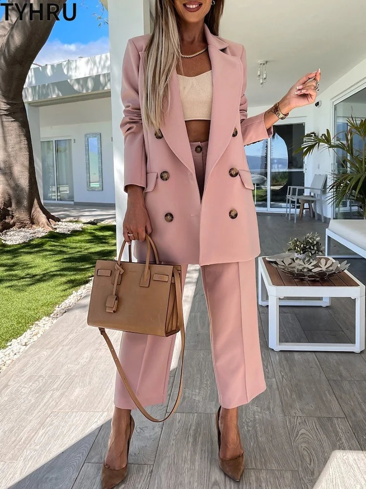 TYHRU Women office Pant Suit Double breasted Full Sleeve Blazers JacketWide leg Pant Two Pieces Set Lady Outfits Work Clothes 240826