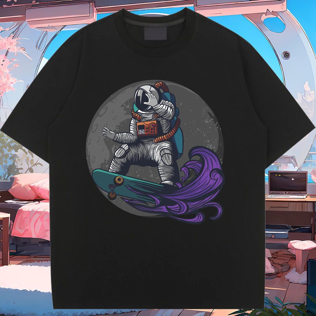 Lady Couples T Shirts 230g Cotton cosmonaut Casual T shirt Crew Neck Breathable Black White Wear