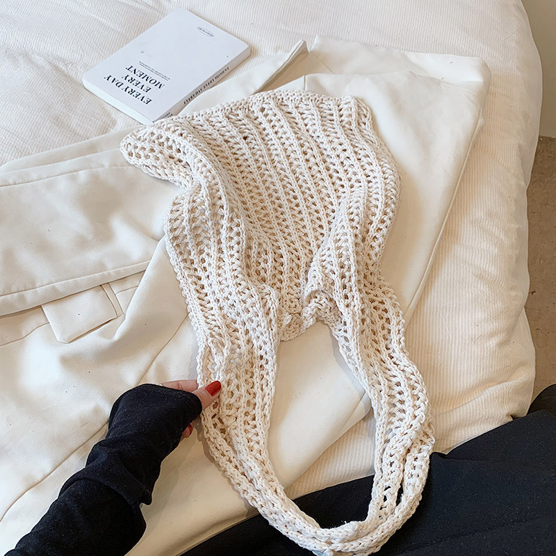 Large capacity single shoulder yarn woven bag with hollowed out tote handbag woven bag