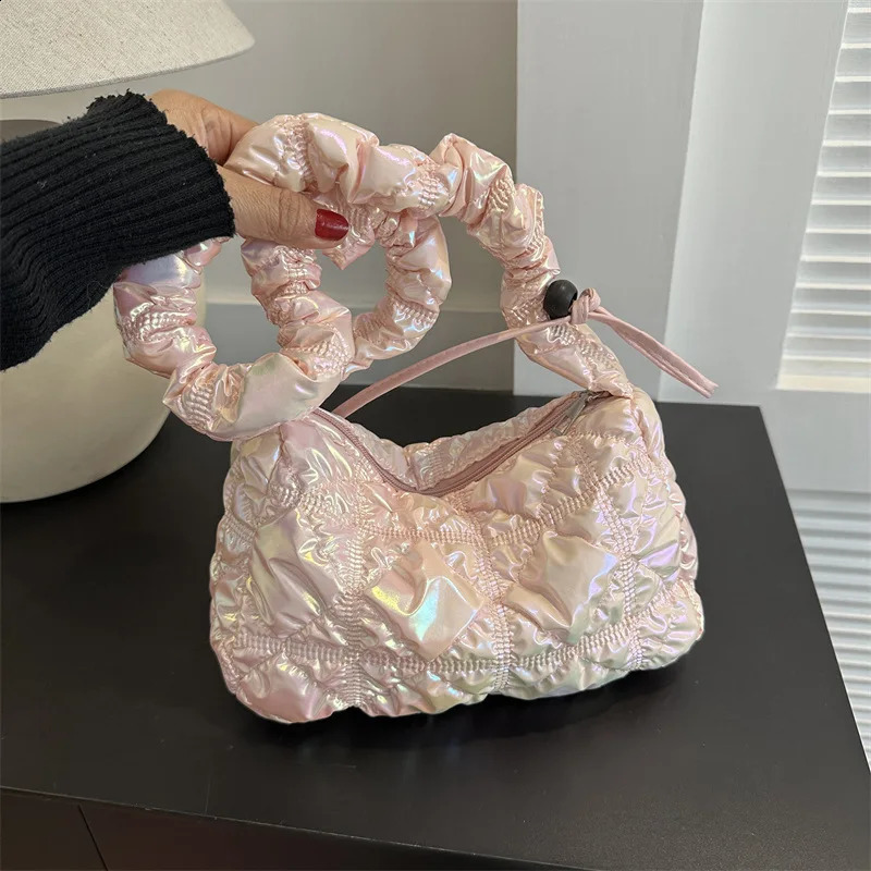 Korean Sweet Pleated Glossy Shoulder Bags Women Y2k Trendy Fashion Handbags Ladies Casual Crossbody Underarm Bag 240824