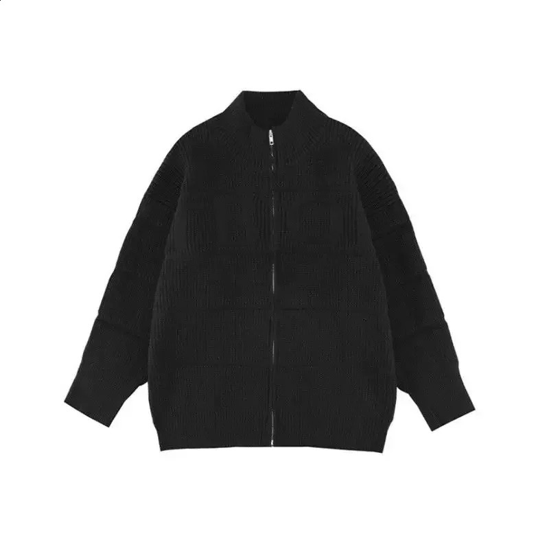 Mens Zipper Collar Open Letter Knitted Sweater Pure Black Solid Color Korean Classic A Bag X 240826