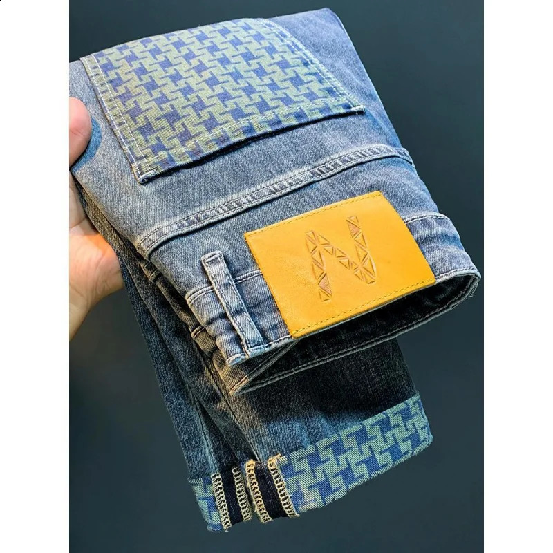 jeans MENS trendy inner full print casual straight leg fashion slim fit high end light washed street denim pant 240824