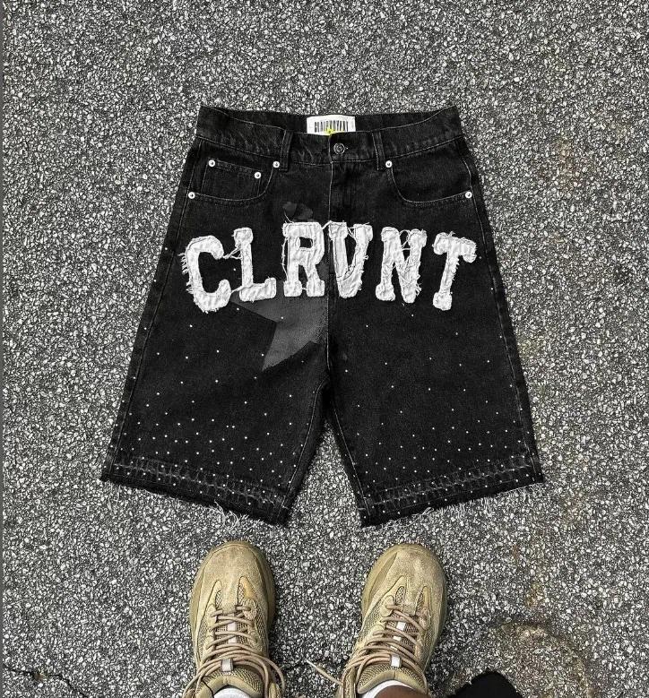 Men's Jeans Summer Harajuku Letter Patchwork Embroidered Pentagram Rock Hip-hop Diamond Pants Y2k Personalized Design Shorts