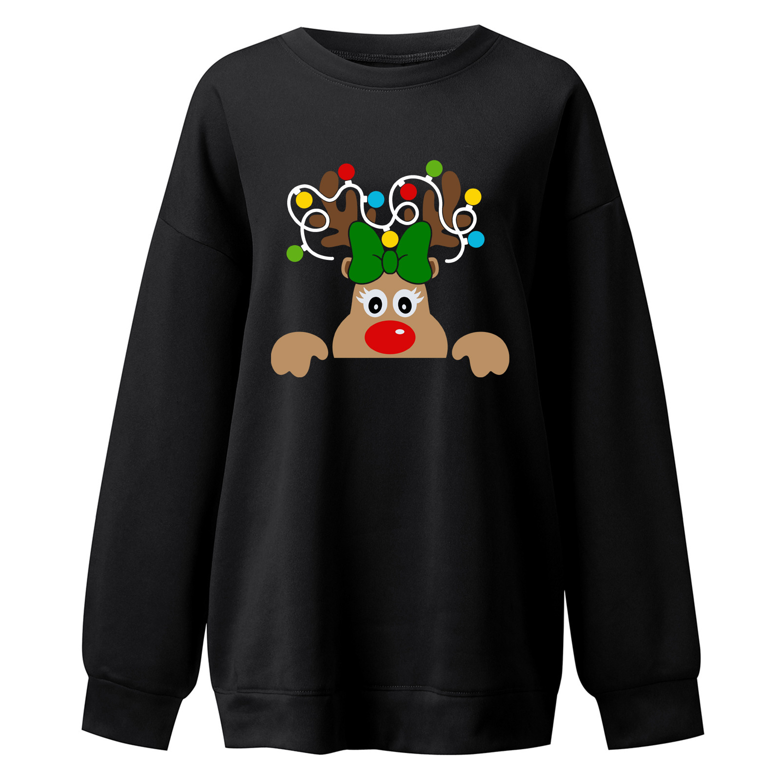 Elk Pattern Printed Women's Long Sleeve Large Size Fleece Falling Shoulder Rainbow Christmas Hoodie dongdumaoyi