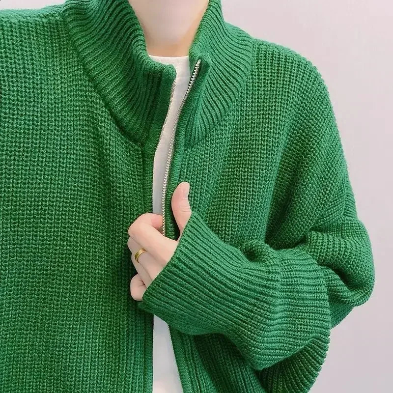 Mens clothing zipper green knitted sweater mens cardigan solid color casual jacket 240826
