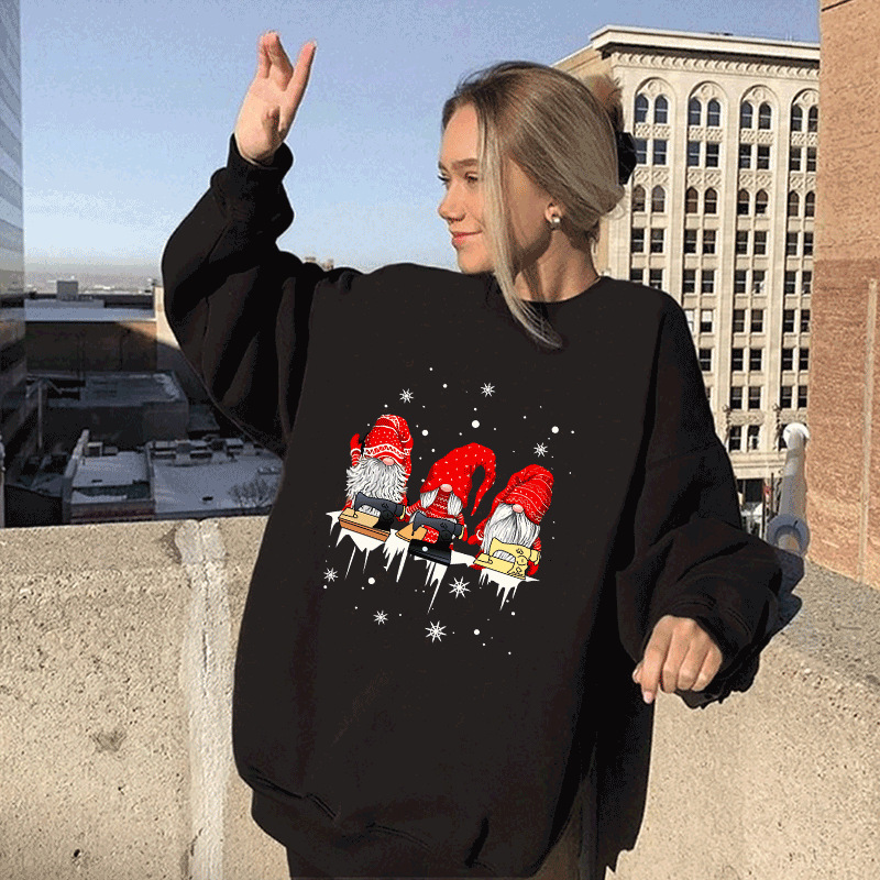New Three Dwarfs Snowflake Print Shoulder Down Round Neck Fleece Hoodie Women's Top dongdumaoyi