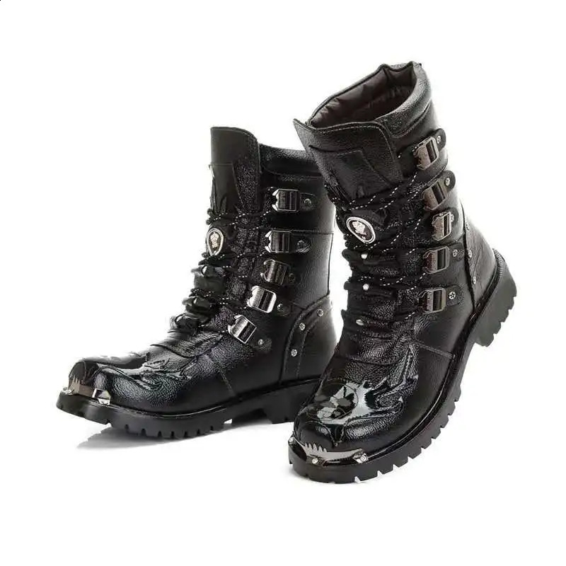 Men Motorcycle Boots Fashion Mid-Calf Punk Rock Punk PU Leather Black High Top Mens Casual Boot Steel Toe Shoes Big Size 38-46 240819