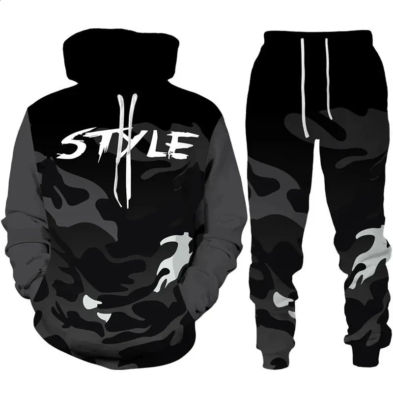 2024 camouflage hooded pants set 3D printed casual mens high-quality track and field suit set fashion mens clothing 2-piece set 240824