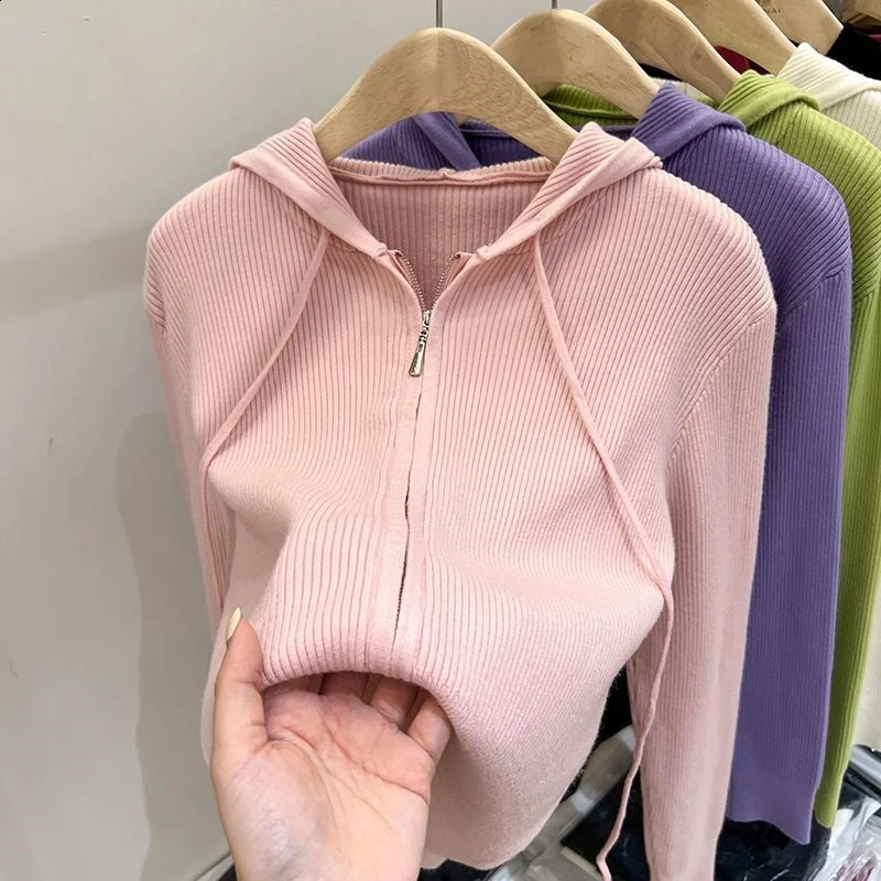 Spring and Autumn Korean Minimalist Casual Sweater Cardigan Long Sleeve Hooded Solid Color Zipper Womens Coat Top 240824