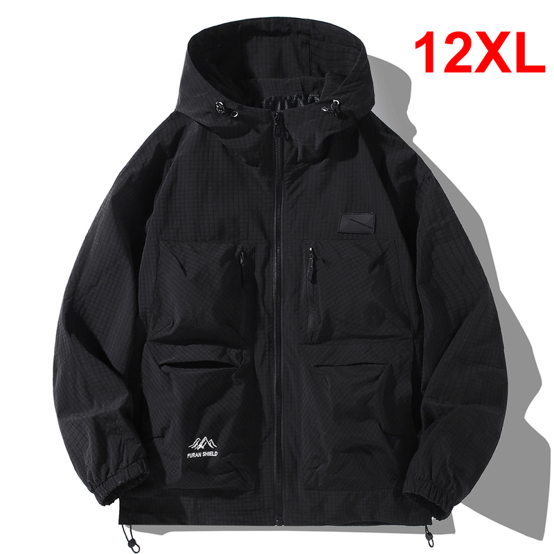 Black waterproof and windproof cargo jacket Plus size 12XL fashionable casual solid color large mens 240824