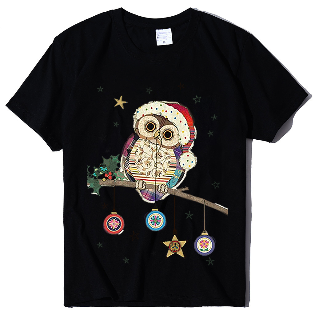 Short T-shirt for women, European size owl print T-shirt, round neck Christmas short sleeved shirt dongdumaoyi