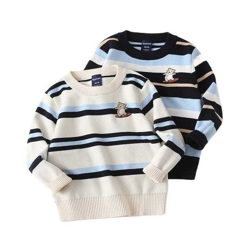 Autumn Baby Boys Sweater Cotton Stripe Embroidery Preschool Boys Knitted Sweater Korean Round Neck Childrens Boys Underwear ZipperW240824