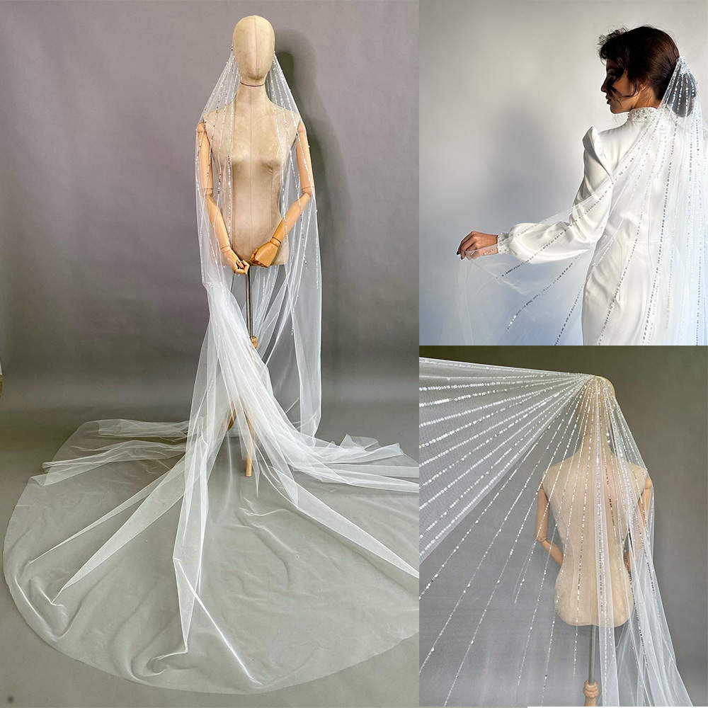 Bridal Veils Long Sequins Wedding Veil Cathedral 1 Layer 3.5 Meters Long Tulle One Layer Wedding Veil For Brides Hair Accessories Custom Made