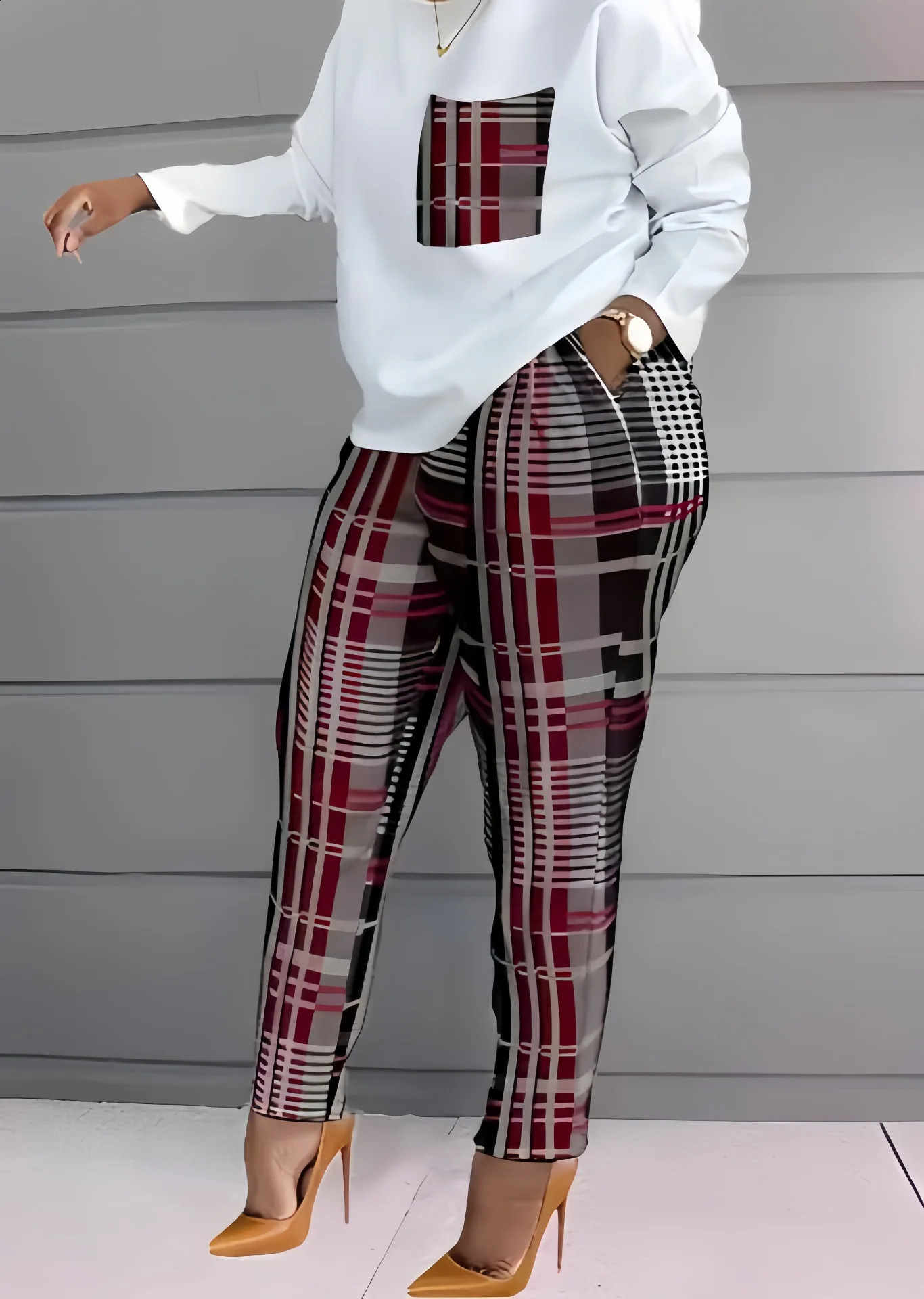 Womens printed two-piece set round neck casual long sleeved T-shirt top and pants 2-piece autumn/winter 240826