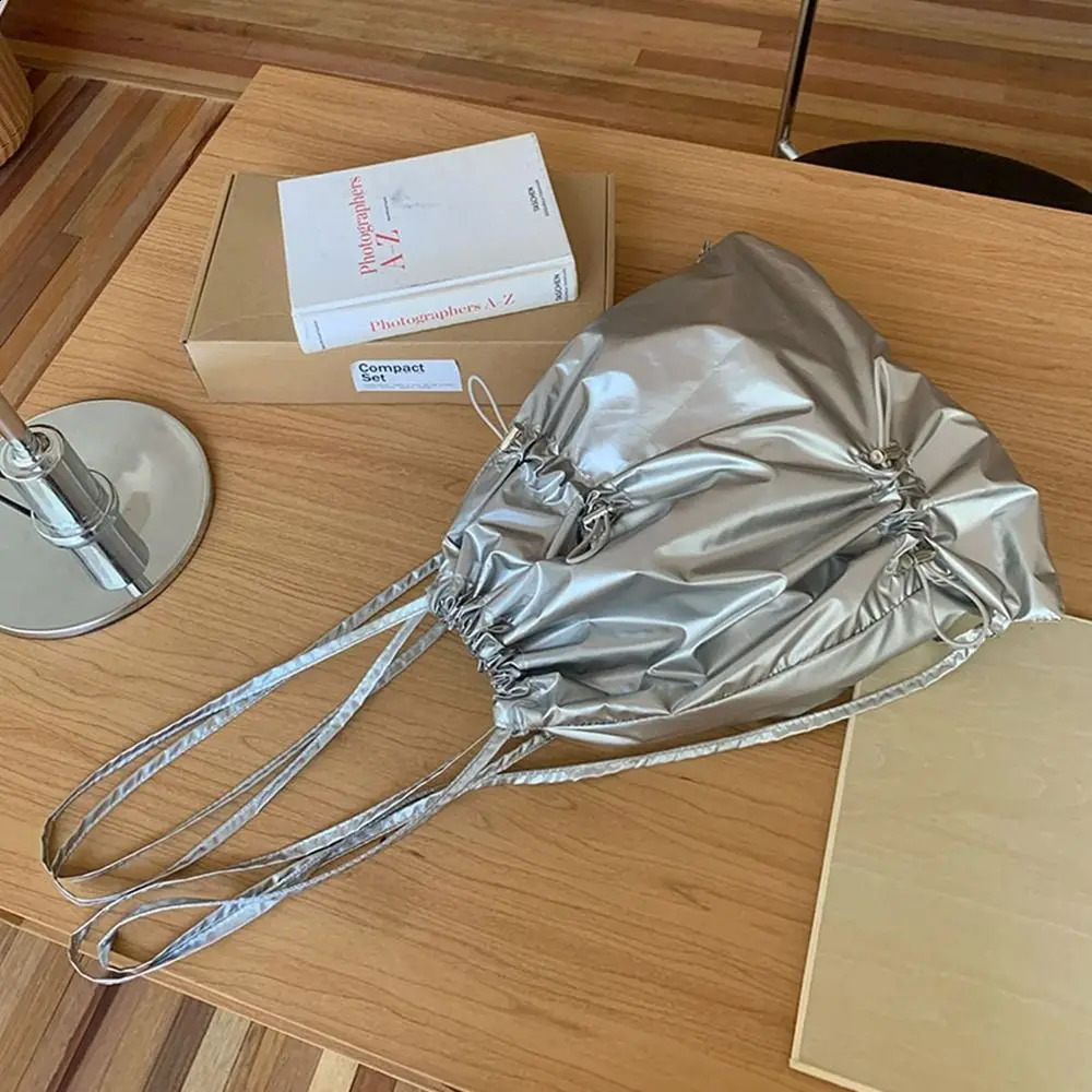 Korean style brushed backpack folding large capacity nylon brushed backpack niche handbag silver shoulder bag for women 240912