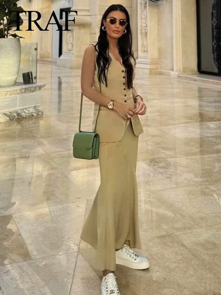 TRAFZA Women Vest Skirt Sets Female Khaki Long Blazer Vest V Neck Sleeveless Slim TopElegant High Waist A Line Skirt Suit TRAF 240826