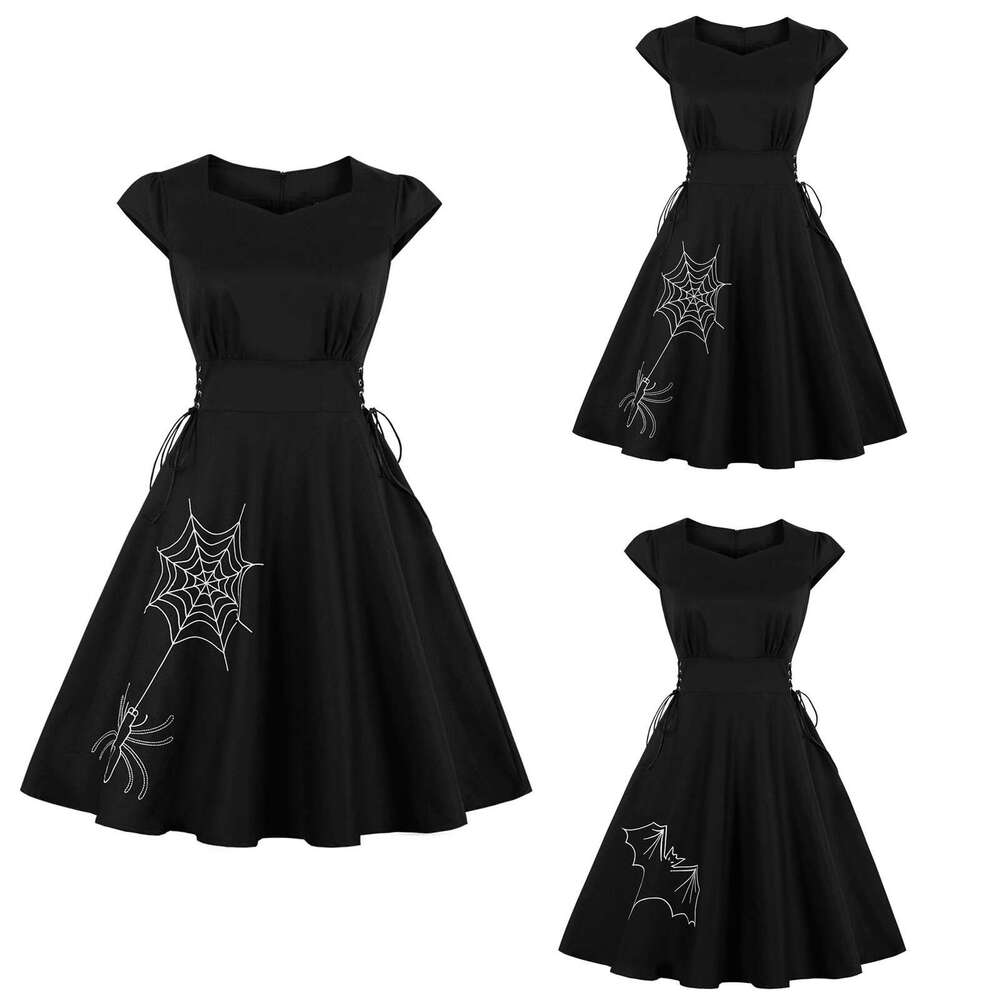 Hallowmas Party Spider Print Trim Swagger Skirt Round Collar Retro Women Halloween T Shirt Dress Scary Cloth