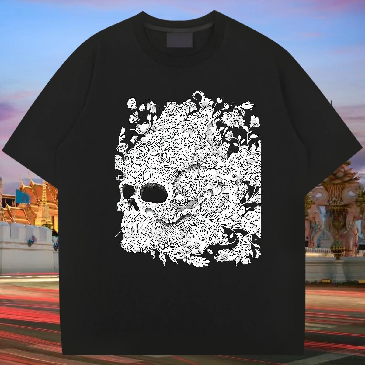 Cool Man T Shirts 100% Cotton 230g skull Street Wear Cartoon Print Round Neck Short Sleeve Men Tees New Designer Tops